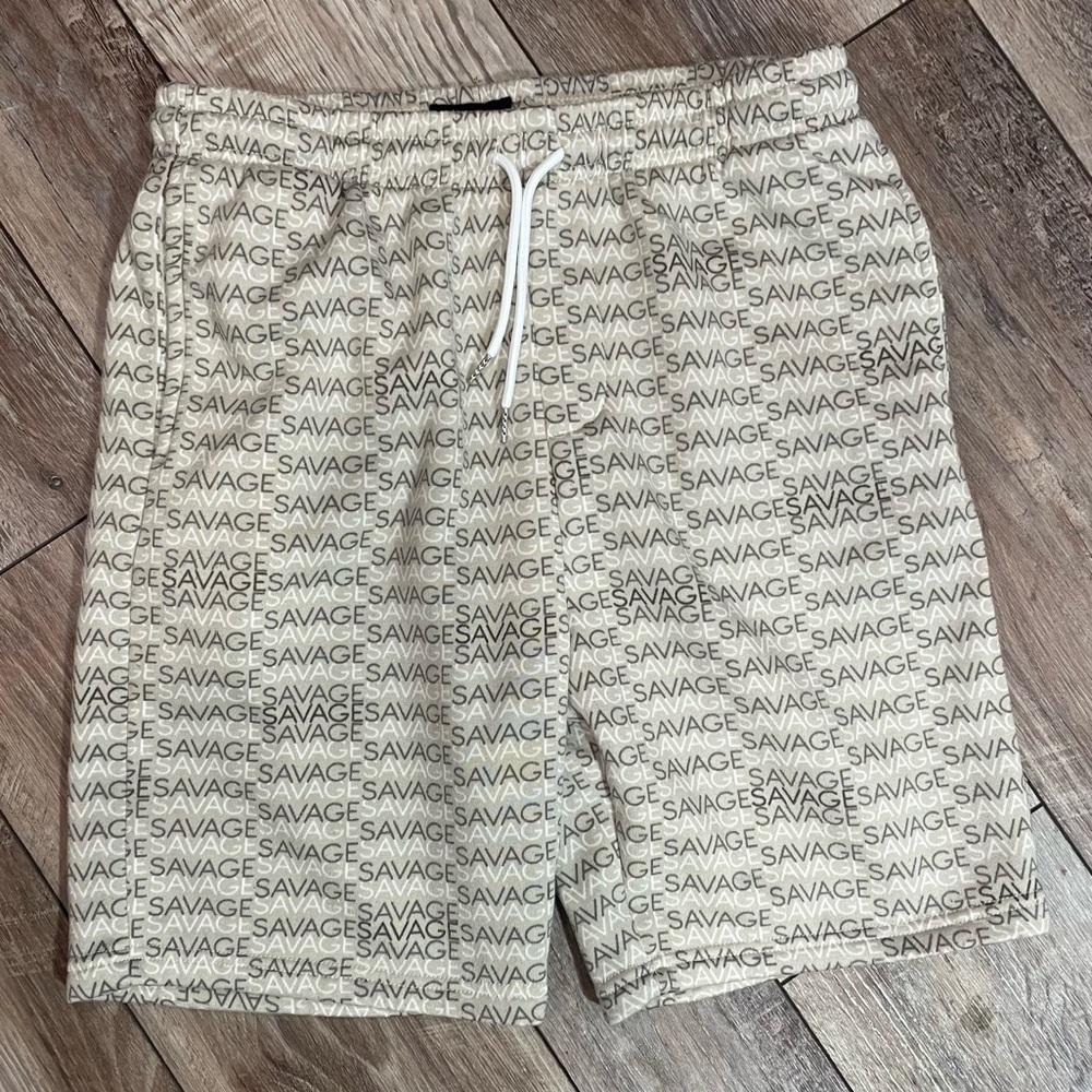 Public Record Lounge / Active Wear sweat Shorts with repeating ‘SAVAGE’ pattern
